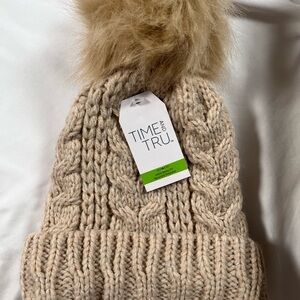 Time and Tru Kids' Beige Knit Beanie with Pom-Pom
